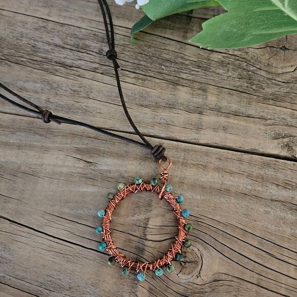 Minimalistic African Turquoise Stones Copper Circle Leather Necklace - Picture 2 of 4
